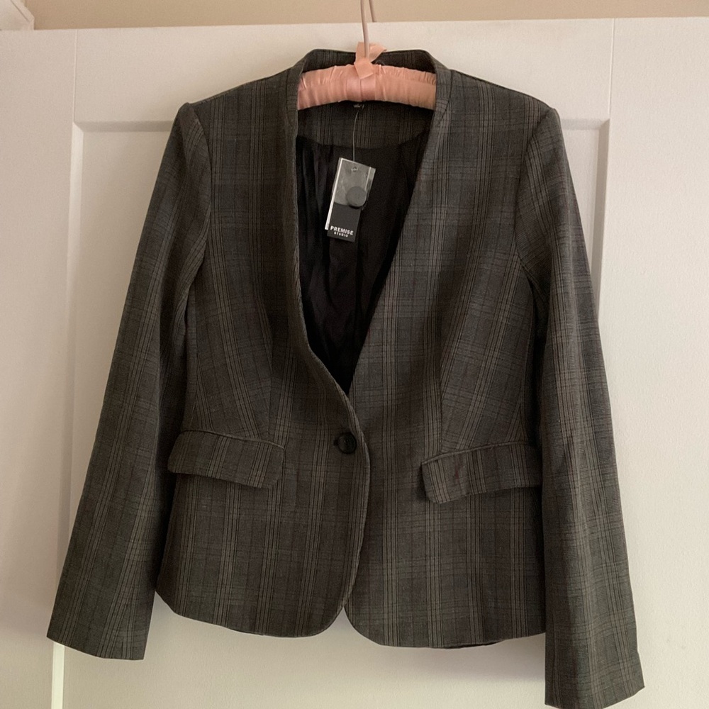 Premise Grey Plaid Blazer with Subtle Red Windowpane